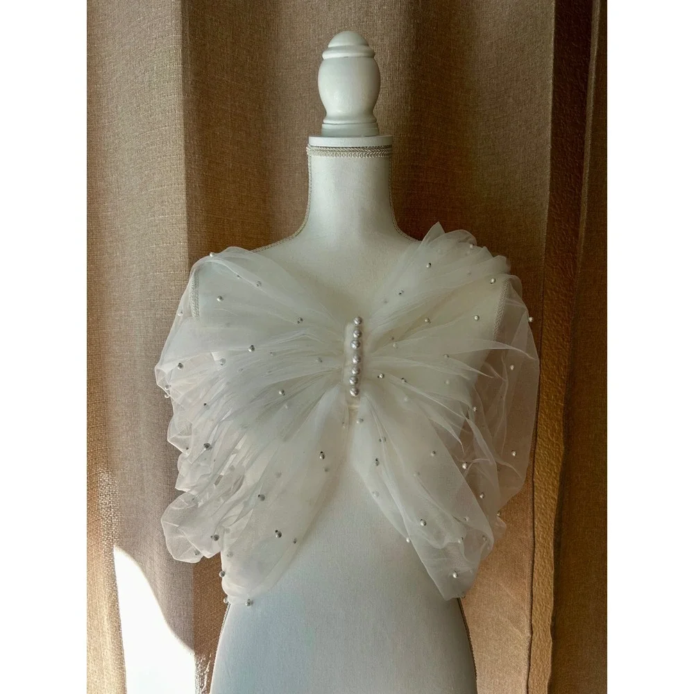 Bridal Tulle Pearl Wrap Shawl Off Shoulder Wedding Bolero White Mesh Bow Cape